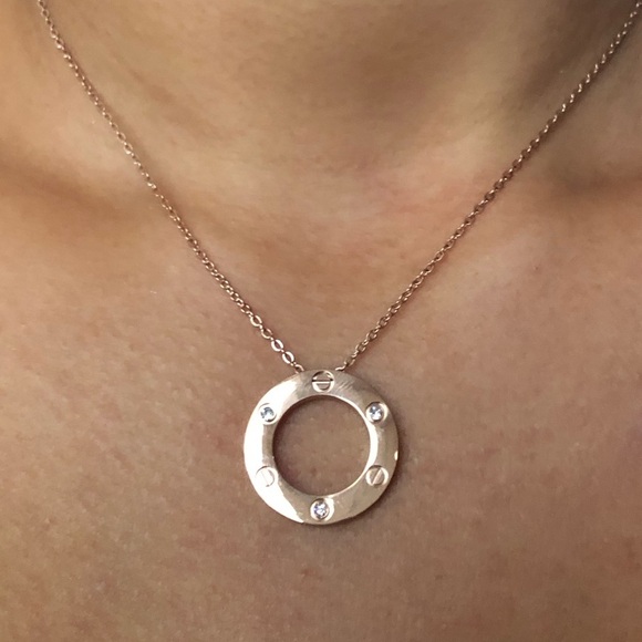Screw Circle Zirconia Rose Gold Pendant Necklace - Picture 3 of 11